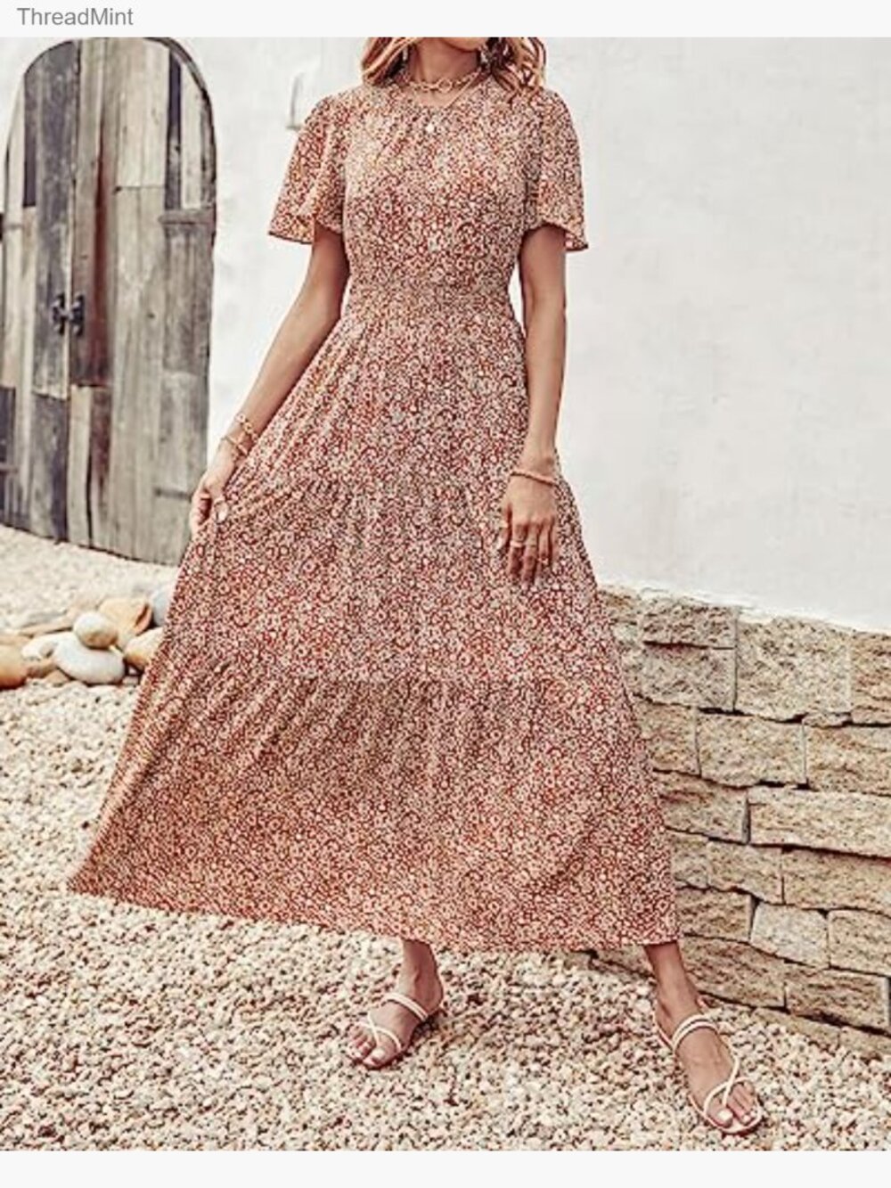 Summer Casual Flutter Sleeve Smocked Waist Tiered Maxi Dress Size S M L XL - Picture 3 of 7